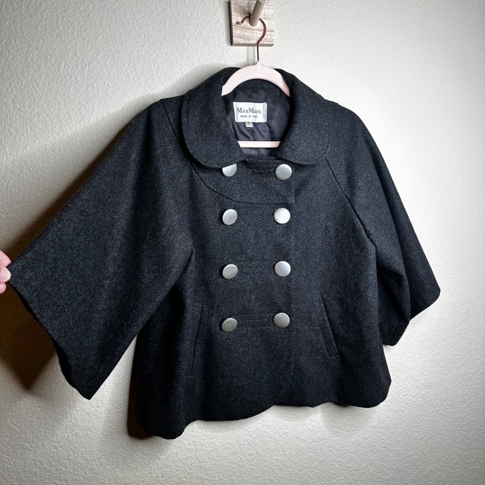 Max Mara Wool Double Breasted Pea Coat Kimono Sleeve Quiet Luxury Mod Neutral XL